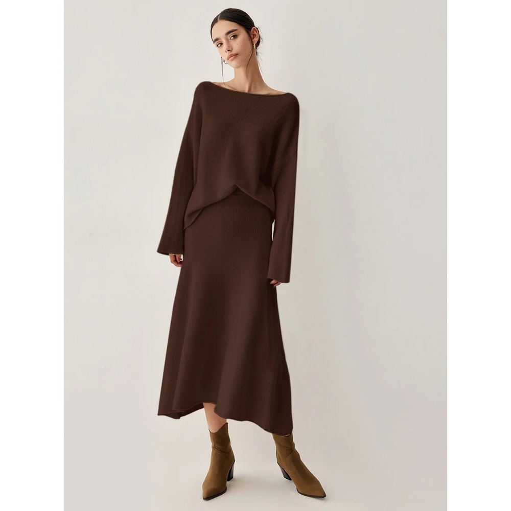 Commense Sweater and Midi Skirt Set Knit Brown Pullover Long Sleeve‎ Relaxed L
